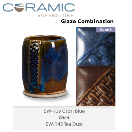 Capri Blue SW109 over Tea Dust SW145 Stoneware Glaze Combination
